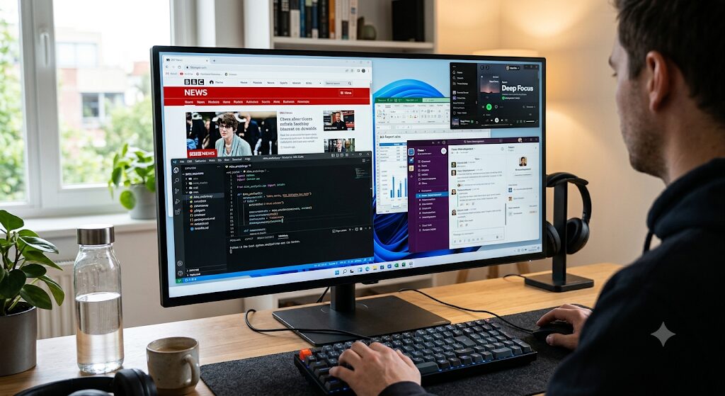 PC上で複数の作業を同時にする男性